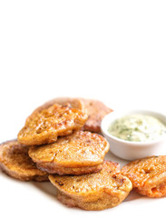 Indian cuisine - Crispy cauliflower pakora with creame cheese dip on white background