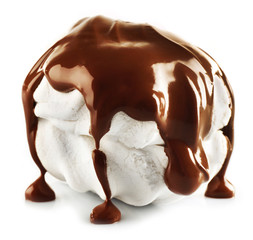 Chocolate poured on marshmallow isolated on white
