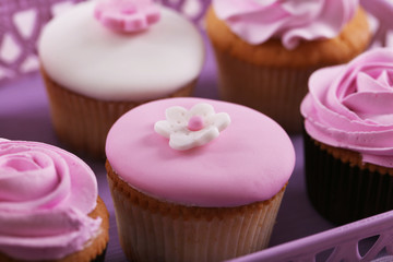 Tasty cupcakes on tray, close-up