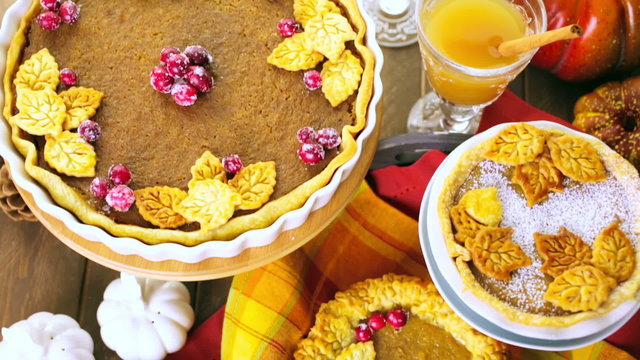 Homemade pumpkin pies with Autumn stamped leafs