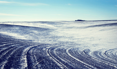 Landscape with cultivated agricultural field covered with snow in early winter