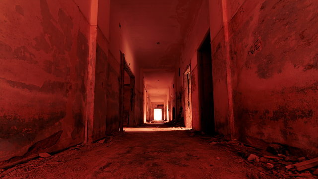 4K  gateway to hell inside a scary abandoned coridor of an evacuated building,vertigo effect
