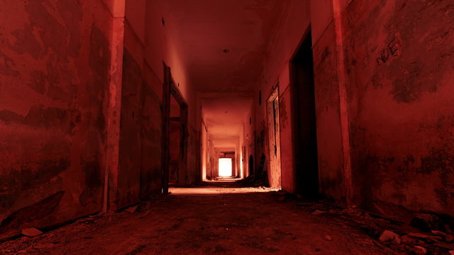 4K  gateway to hell inside a scary abandoned coridor of an evacuated building,vertigo effect