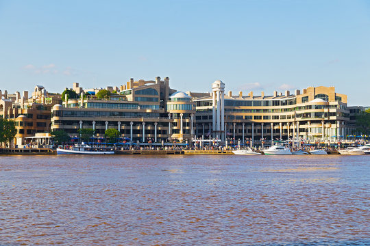 Georgetown Park waterfront at sunset in Washington DC, USA. A view on waterfront skyline from Theodore Roosevelt Island.