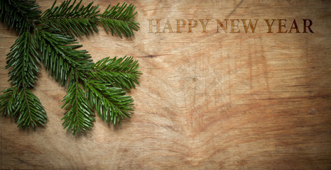 Christmas Green spruce twig on wooden old rustic background.