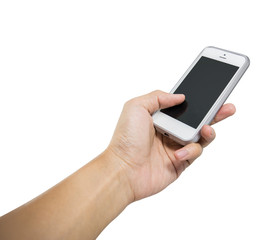 Hand holding white smart phone isolated