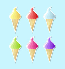 Retro flat ice cream icons on pale blue background