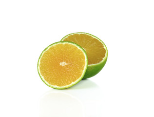 Fototapeta na wymiar Fresh sweet orange with leaves on white background