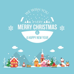 Christmas holiday modern flat design with cute little town. Happy new year greeting card. illustration vector eps 10
