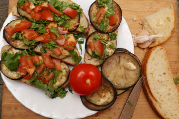 Bruschetta with grilled eggplant and vegetables on ciabatta