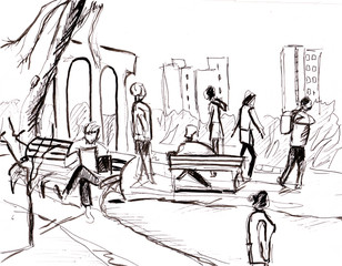 Instant sketch, people in park