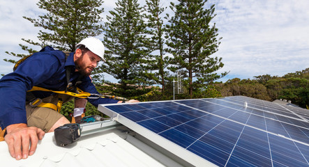 Solar panel technician checking solar panels