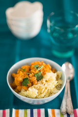 Pumpkin curry with chick-peas and rice indian cuisine