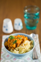 Pumpkin curry with chick-peas and rice indian cuisine