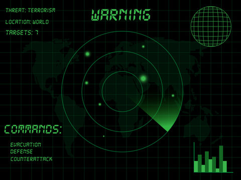 Military radar background with world map and targets