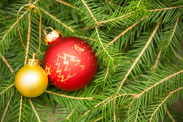 Fototapeta na wymiar Christmas card with fir tree and christmas balls