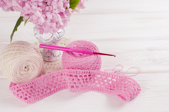 Yarn for crochet and  basket for handmade on white wooden boards