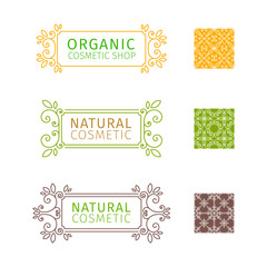 Set of decorative frames with swirls and floral elements for natural cosmetics. Set of seamless patterns. Vector