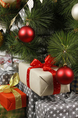 Christmas tree with decorations and gifts boxes