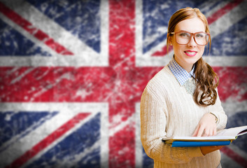 Student girl on english union jack blurred background