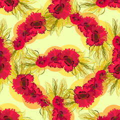 Seamless pattern of poppies and wheat.