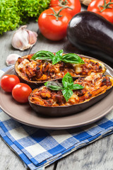 Baked eggplant with pieces of chicken