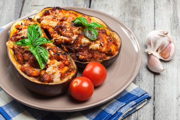 Baked eggplant with pieces of chicken