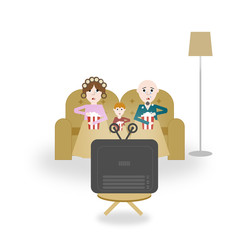 Dibujo de una familia viendo la televisión en el sofá comiendo palomitas de maíz