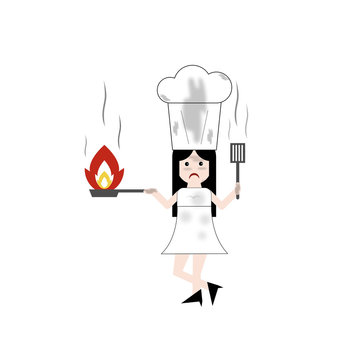 Dibujo de una cocinera chamuscada con fondo blanco, y una sart&eacute;n en la mano con fuego