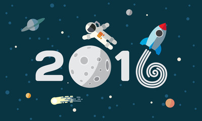 Happy New Year. Flat space theme illustration for calendar.