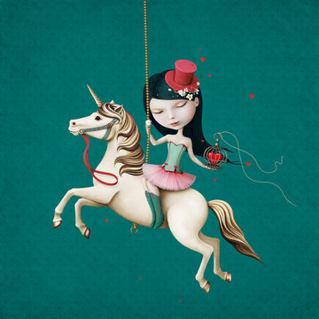 Circus girl on  horse with  cage and heart