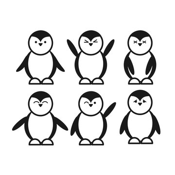 black cute funny penguin set flat icon