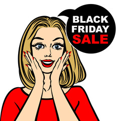 Black friday sale bubble and pop art astonished cute girl