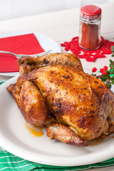 Baked chicken on white plate.