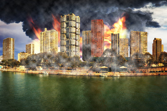 Apocalyptic vision of the destruction of the city - Image is an artistic digital rendering.