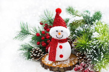 Christmas composition with snowman and bokeh