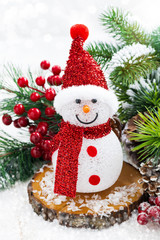 Christmas composition with snowman and light bokeh, vertical