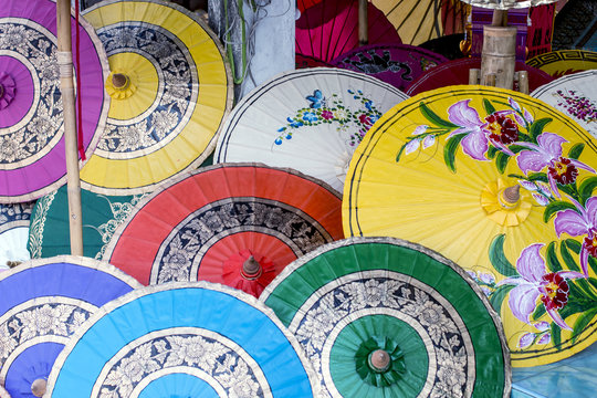 traditional Asian silk umbrellas in the craft village in the Thai province of Chiang Mai