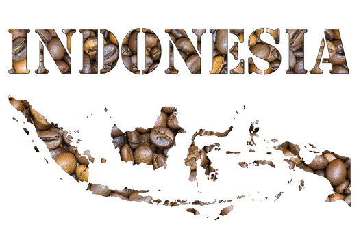 Indonesia word and country map shaped with coffee beans background © mattiaath