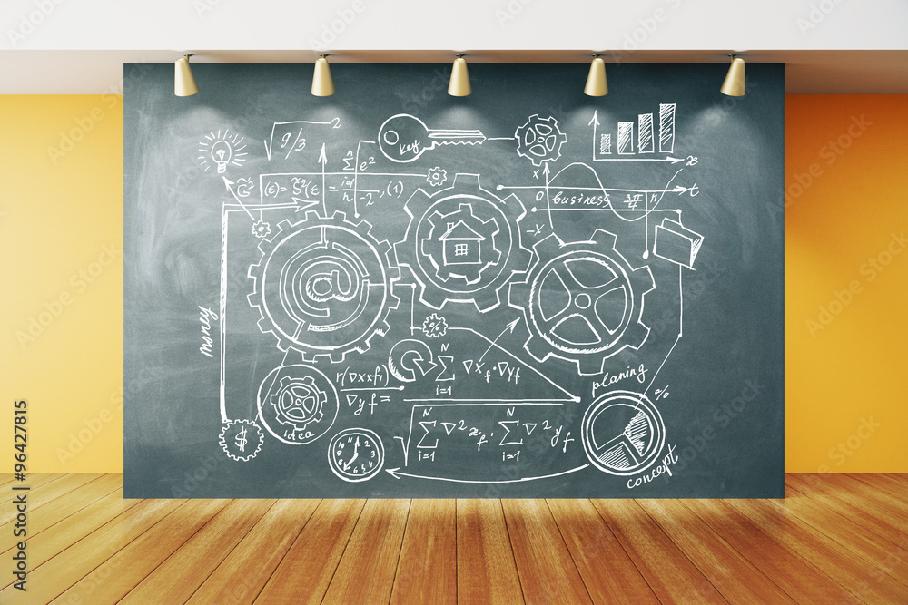 Poster creative scheme on blackboard in empty room with wooden floor