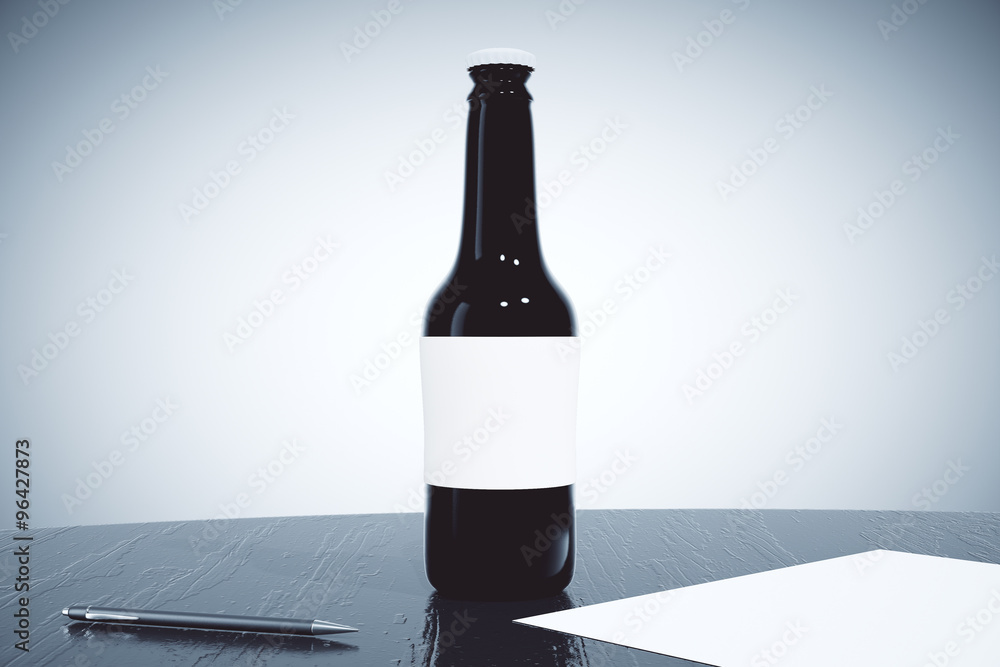 Poster black bottle with blank sticker with pen and blank paper list on