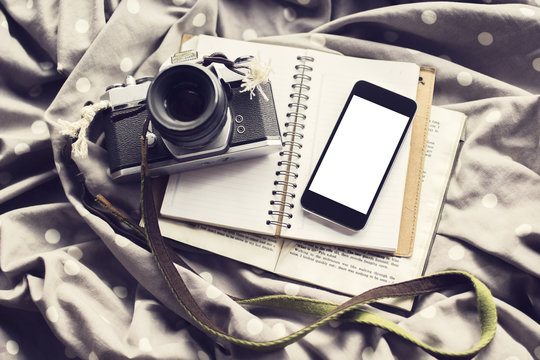 Blank Cell Phone Screen With Old Style Camera, Diary And Book, M