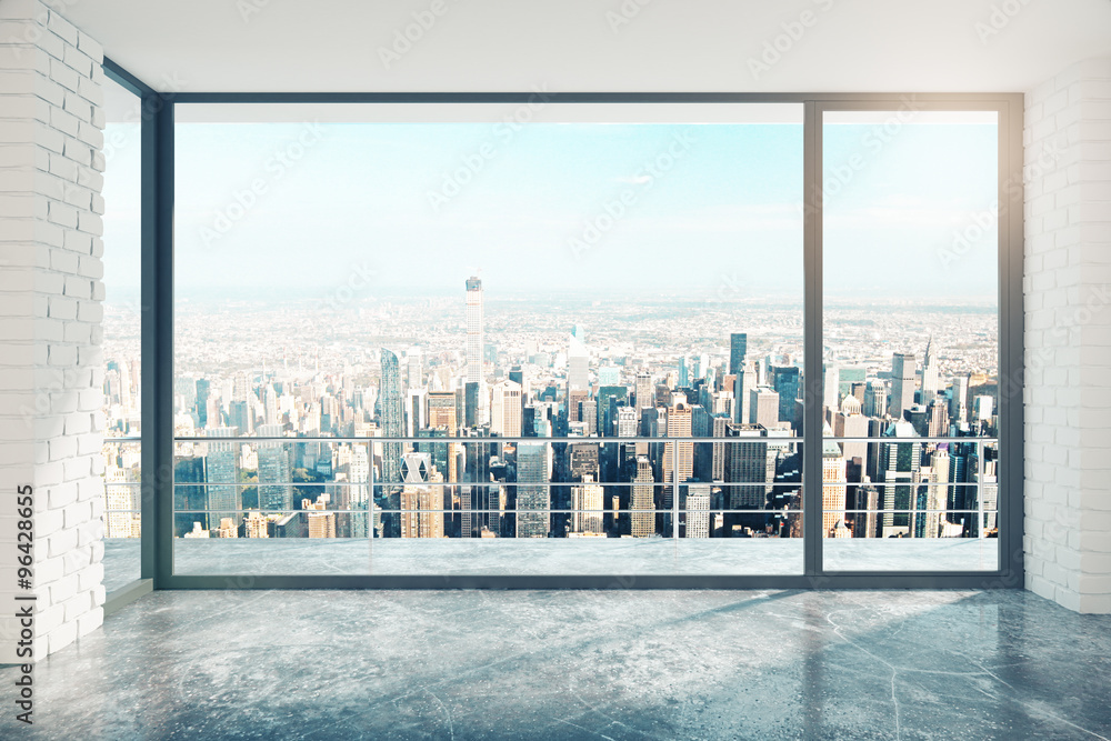 Poster empty loft room with big window in floor and city view