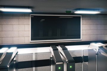 Blank banner in empty subway, mock up