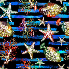Exotic fishes, corals and starfishes colorful seamless pattern. 