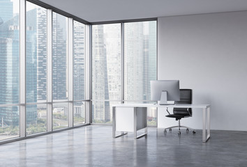 A workplace in a modern corner panoramic office with Singapore view. A white desk with a modern computer, black leather chair. A concept of consulting services. 3D rendering.