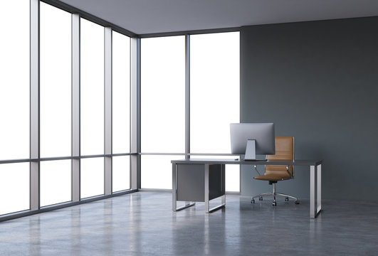 A workplace in a modern corner panoramic office with copy space in the windows. A black desk with a modern computer and brown leather chair. A concept of consulting services. 3D rendering.