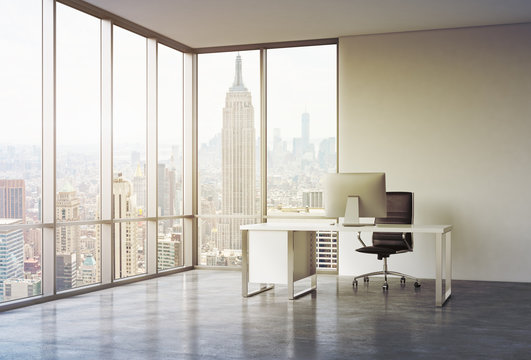 A workplace in a modern corner panoramic office with sunset New York view. A white desk with a modern computer and black leather chair. A concept of consulting services. 3D rendering. Toned image.