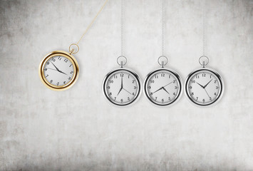 A pocket watch as a swing of the pendulum. Concrete background. 3D rendering. Time is money concept.