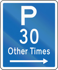 New Zealand road sign - Parking permitted at other times for a maximum time of 30 minutes, on the right of this sign